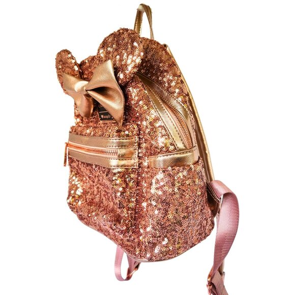 DISNEY PARKS Minnie Mouse Rose Gold Sequin Mini Backpack LOUNGEFLY - Picture 3 of 13